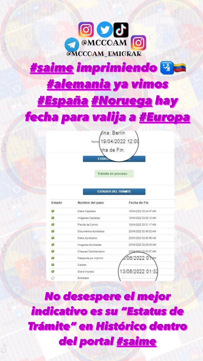 mccoam's tweet photo. #saime 🖨🛂🇻🇪 deben de tener fecha de valija de salida para #europa ya #Alemania #España #Noruega y otros países revisen el mejor indicador es el estatus de trámite en su@portal https://t.co/7UkKIwK5H4