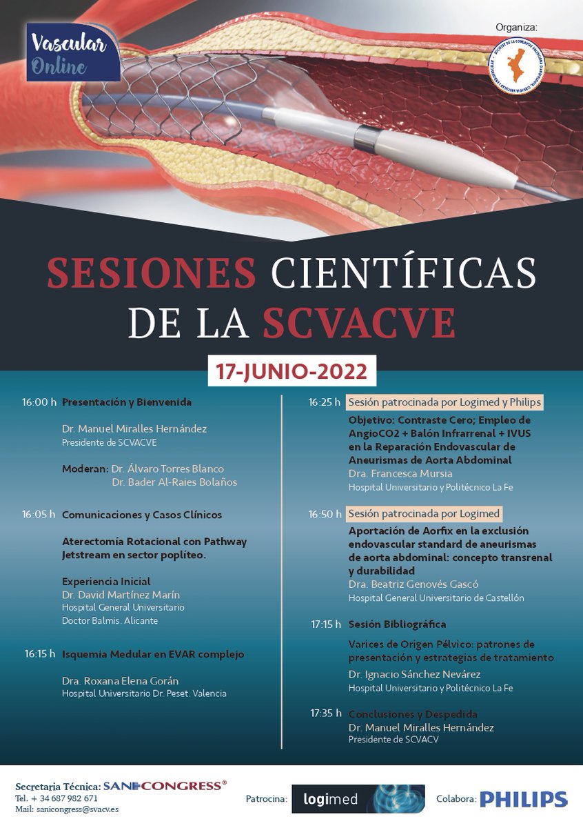 🩺👩‍⚕️Sesiones científicas de la SCVACVE 
💯% online
📅Viernes, 17 de junio de 2022 a las 16:00 h ⌚️
🧑‍💻Inscripción gratuita aquí ⬇️: svacv.es/17junio2022/in… 
¡Te esperamos! ✅
Patrocina: Logimed 
Colabora: <a href="/PhilipsSpain/">Philips España</a>