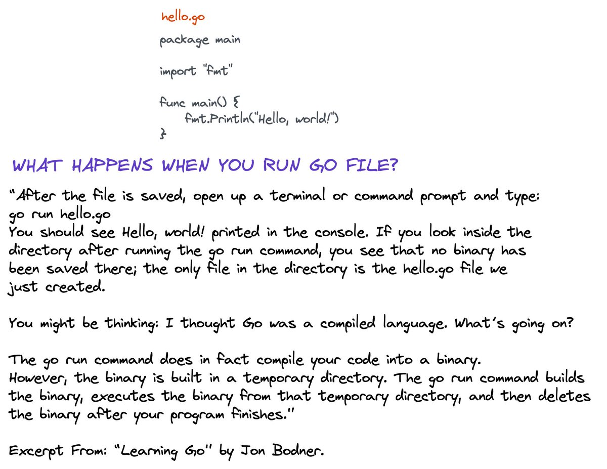 robin4java's tweet image. #LearningGo #Coding #programming 
Go is a compiled language. But you didn&apos;t find any binary file in the directory after running go file. This is what happens when you run your go file 👇