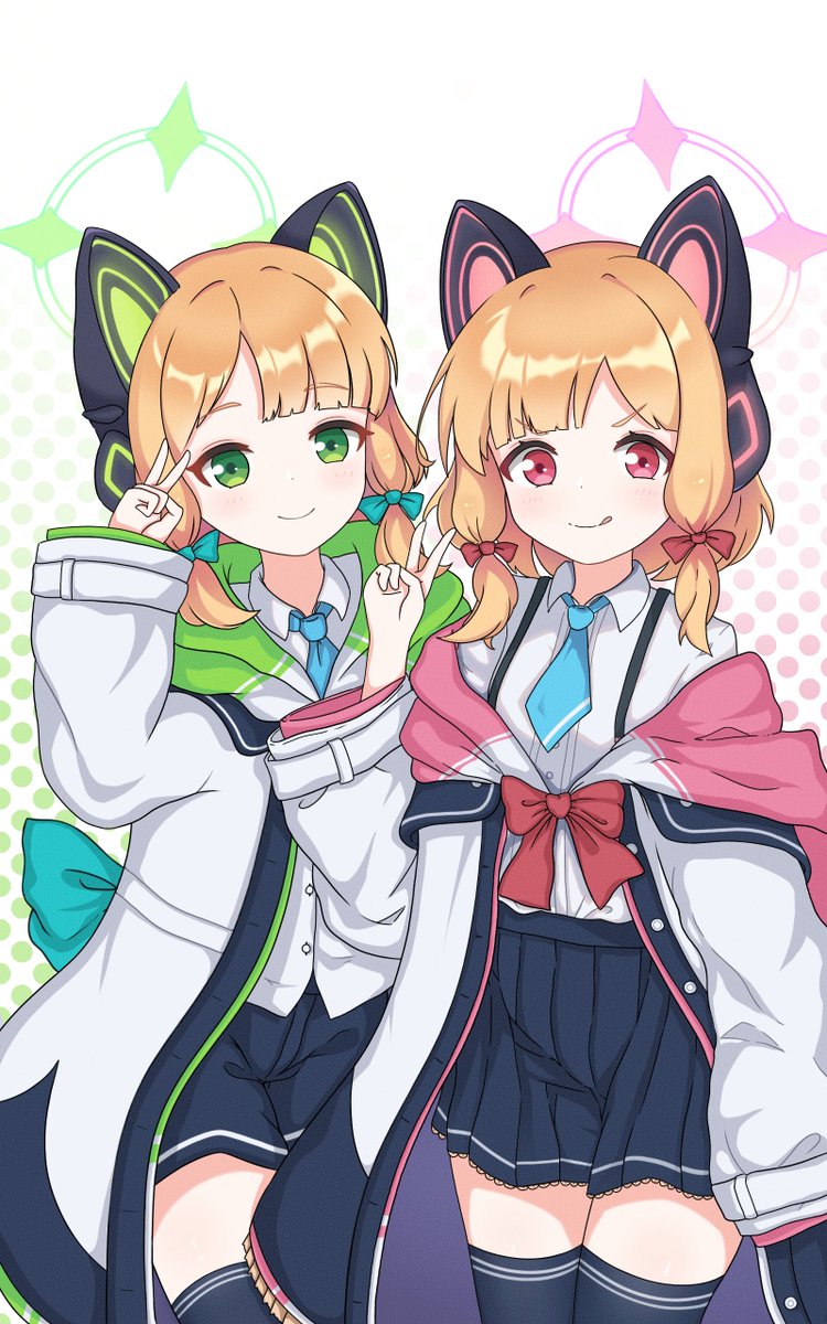 midori (blue archive) ,momoi (blue archive) multiple girls 2girls animal ear headphones green eyes animal ears headphones v  illustration images