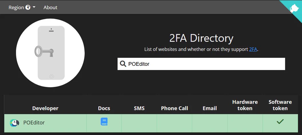 Screenshot of website 2fa.directory, showing the entry for POEditor