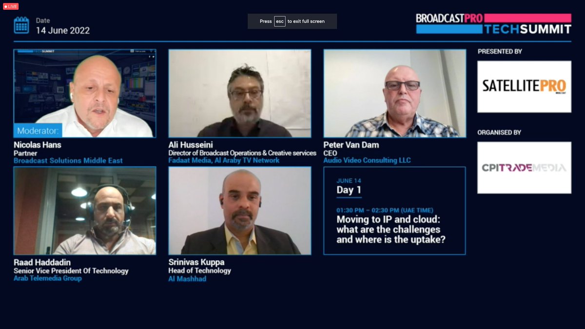 BroadcastProME's tweet photo. BroadcastPro Tech Summit 2022 || 💻 Tune in Now to an interesting panel discussion on: Moving to IP and cloud - it's challenges and the uptake....
@broadcast_sol @FadaatGroup @Arabtelemedia
#BproTechSummit #Cloud #IP #ipintegration
#broadcasttech #broadcastsolutions https://t.co/FFDyxLU4XQ