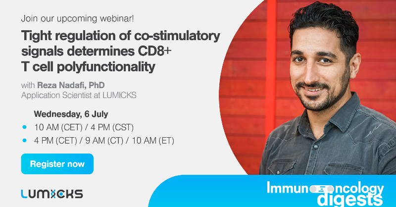 LUMICKS_nl's tweet photo. Do you know that #Tcell fitness is determined by signal strength? Wonder how #cellavidity measurement helps to identify which co-stimulatory signals are crucial for enhancing T cell fitness? Join our next #IOdigest on 6 July,where Dr. @Reza_Nadafi will answer these questions. ⬇️