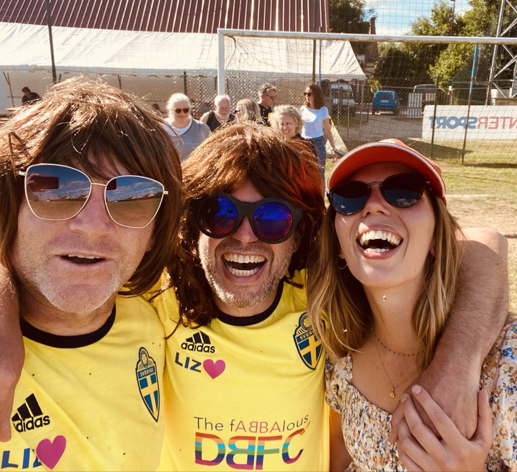 HadleysComment's tweet photo. #LizDay - We paid special tribute to my sister Elizabeth at the annual #ChandaiFC charity football tournament in France last w/e. Her name was on our shirts &amp; we did our best on the pitch. But best tribute was our post-match sing-along! We had an ABBA theme, hence the wigs! #DBFC https://t.co/aq1kSb41o3