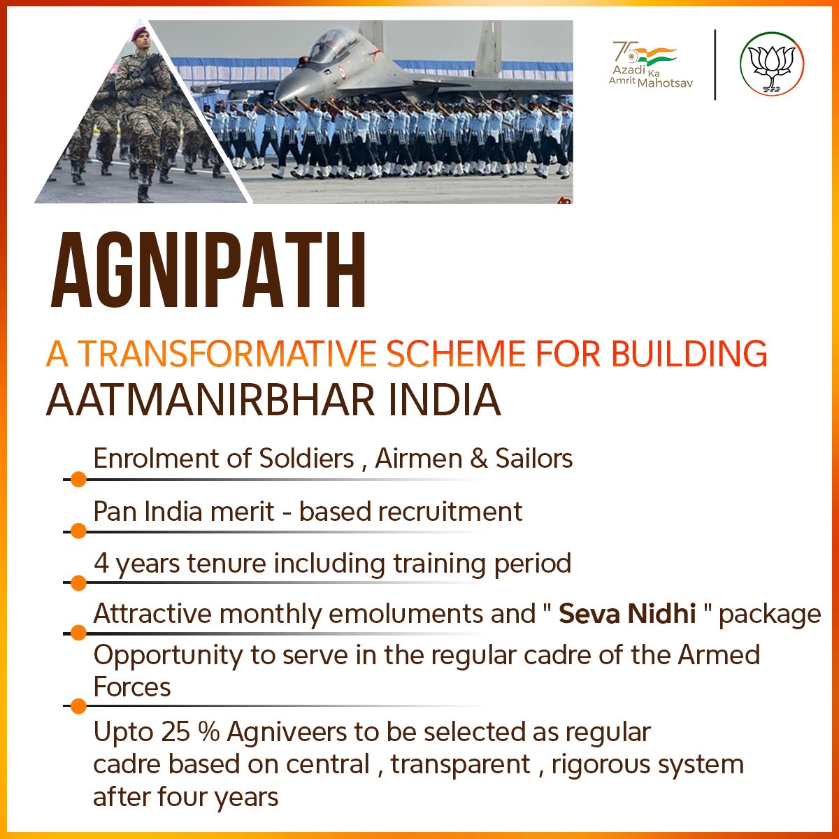 devusinh's tweet photo. Agnipath is one of the major initiative that aims to make the army a future ready fighting force across the compass of conflict. 

This is #AtmaNirbharBharat in a true sense. 

#BharatKeAgniveer https://t.co/WwR3QLtHBB