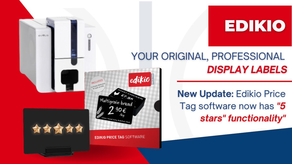 The latest Edikio Price Tag software version now contains a function that allows you to add a rating to your labels in the shape of stars ⭐or circles ⚫ ?

For more information, read our blog:
hubs.li/Q01dwPwp0
You can also check:
hubs.li/Q01dwXjm0