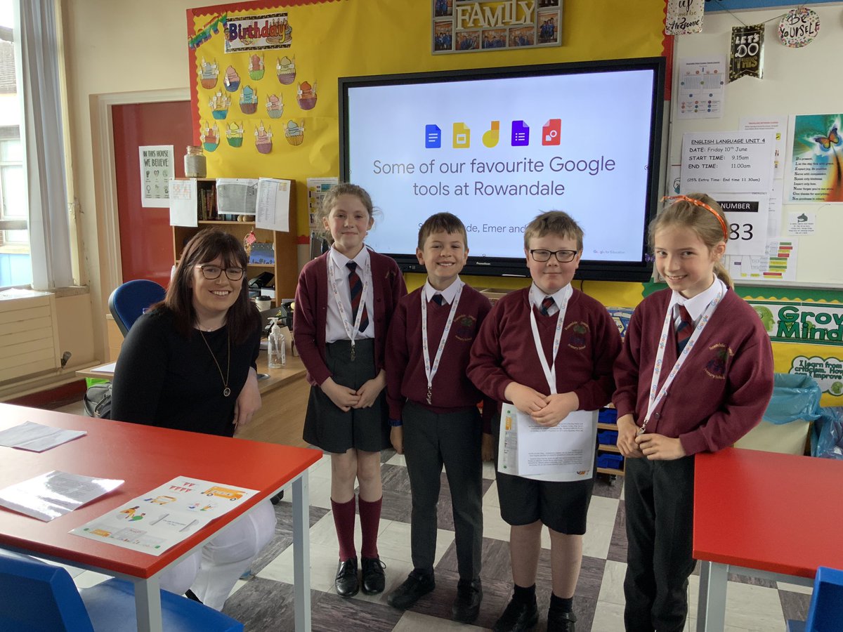 Listening to the super Year 5 presenters from @rowandaleIPS highlight their favourite Google Tools at #GoogleonTour #GoogleReferenceSchool with their teacher, Mrs McCarragher.  A credit 👏 to the school as the children shared many terrific examples of great practice @GoogleForEdu