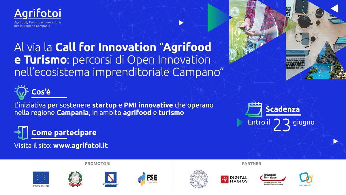 agrifotoi's tweet photo. 📌#Agrifotoi lancia la #CallforInnovation per sostenere la filiera dell'#agrifood e del #turismo nella @Reg_Campania. Sei una #startup o #Pmi innovativa con sede nella regione?
⏱ Candidati entro il 23 giugno
👉 Per saperne di più: https://t.co/eh8BLSnKal https://t.co/8EJNKw1SvD