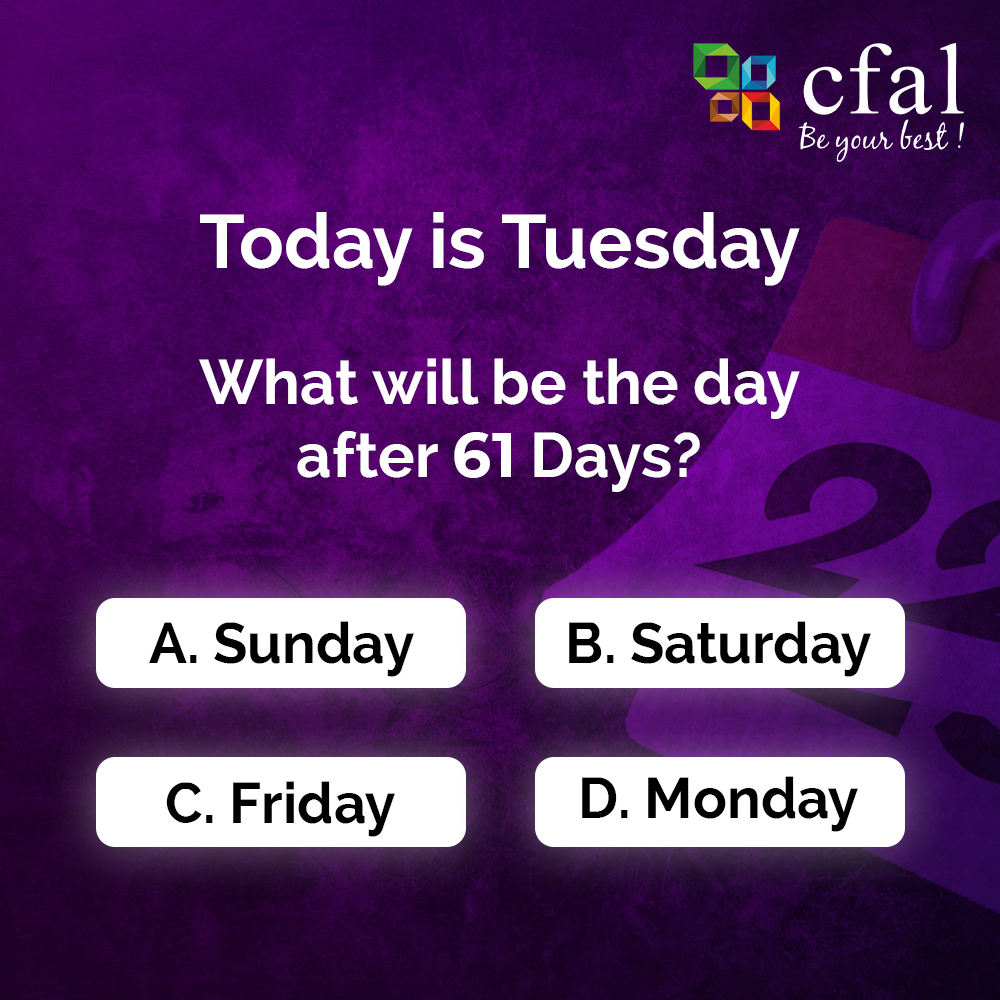 Cfalindia_'s tweet photo. Today is Tuesday. What day is after 61 days ?
Comment Below:

Our centre :
📍Mangalore, Karnataka

CFAL - Be your best!
#cfal #cfalindia #learning #school #motivation #students #study #india #college #science #jeemain #jee #learn #jeeadvanced  #neet #mangalore #karnataka https://t.co/HyTF0UQqgS
