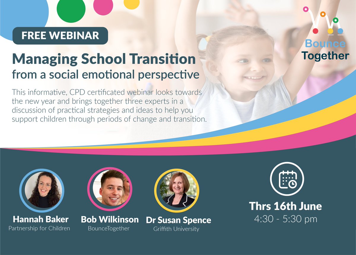 bouncetogether's tweet photo. We still have a small number of places left on our next FREE webinar, which will focus on supporting children through transition and bring together three experts in a discussion of practical strategies and ideas๐ #EduTwitter #SLTChat #ukedchat
https://t.co/vgWXlyrRbu https://t.co/ttSt2Y6O9o