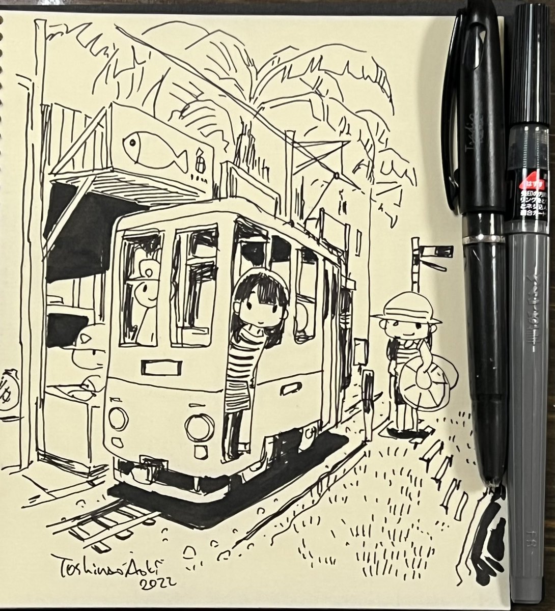 海沿いを走る電車
#ぺんてるかいてる
#らくがき 