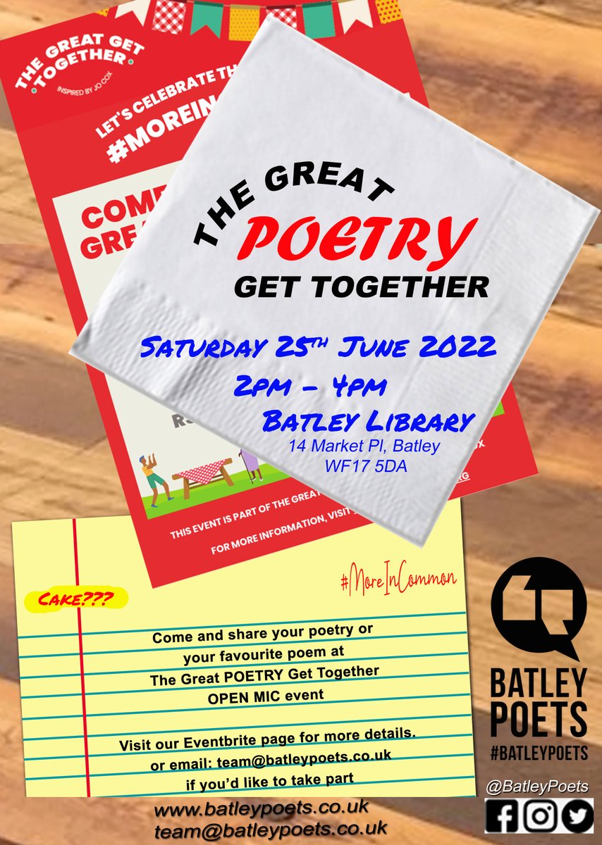 KarenNaylor2's tweet photo. Just posted details of the Great Poetry Get Together, Batley Library, Saturday 25 June 2022, 2-4pm, on my blog: https://t.co/EkqQRYcJ2h #poetry #batley #gettogether #BatleyLibrary #poets #Batley #art #poet #thegreatpoetrygettogether #blogging https://t.co/qGNiUhbcpJ
