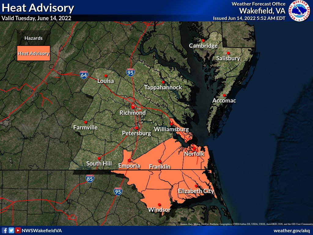 NWSWakefieldVA's tweet photo. Complex weather day today with showers/storms moving into the area this morning through the afternoon. Some strong to severe storms are possible with damaging winds the main threat. A hot and humid day as well, especially in SE VA and NE NC where a Heat Advisory is in effect. https://t.co/VMCViKrNMh