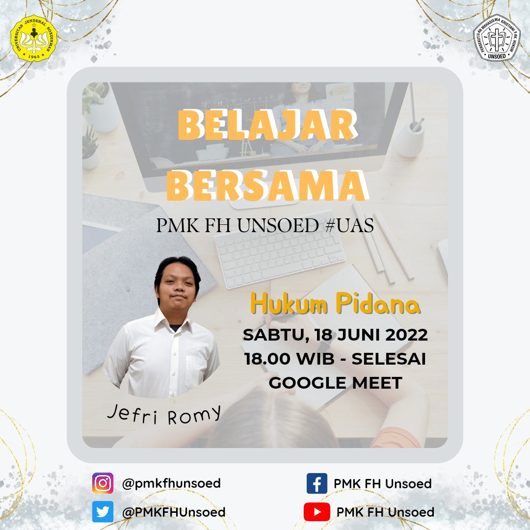 Shalom ✨

Halo, teman-teman PMK FH!

Bidang Keilmuan mengadakan Belajar Bersama PMK FH untuk persiapan Ujian Akhir Semester, nih! 

Jangan lewatkan kesempatan ini ya, teman-teman ✨

#satudalampmk