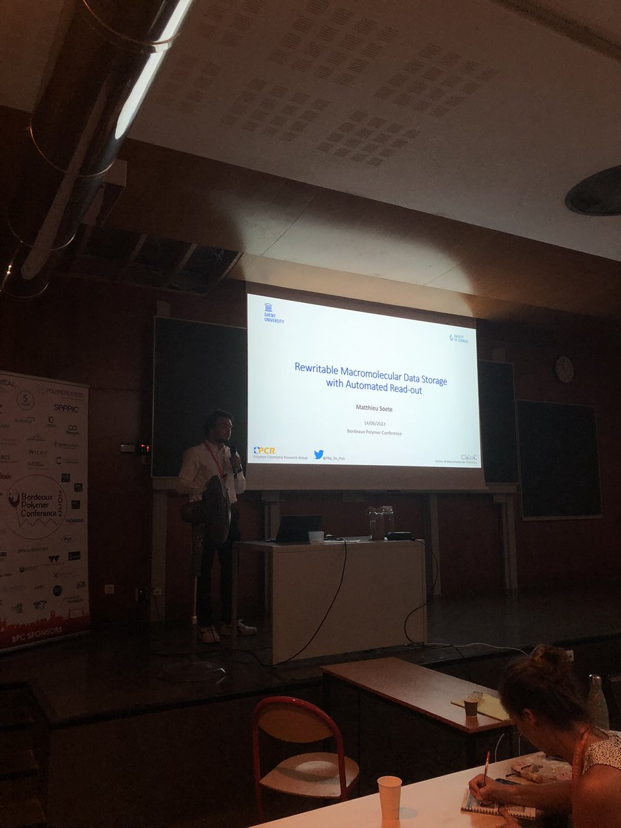 BPC2022's tweet photo. Now in amphi D, PhD student M. Soete is talking about Rewritable Macromolecular Data Storage with Automated Read‑out. #BPC2022 https://t.co/c8NCZe7o6g