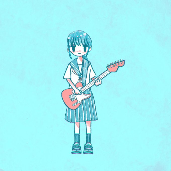 手描きイラスト ギターと少女 現金特価
