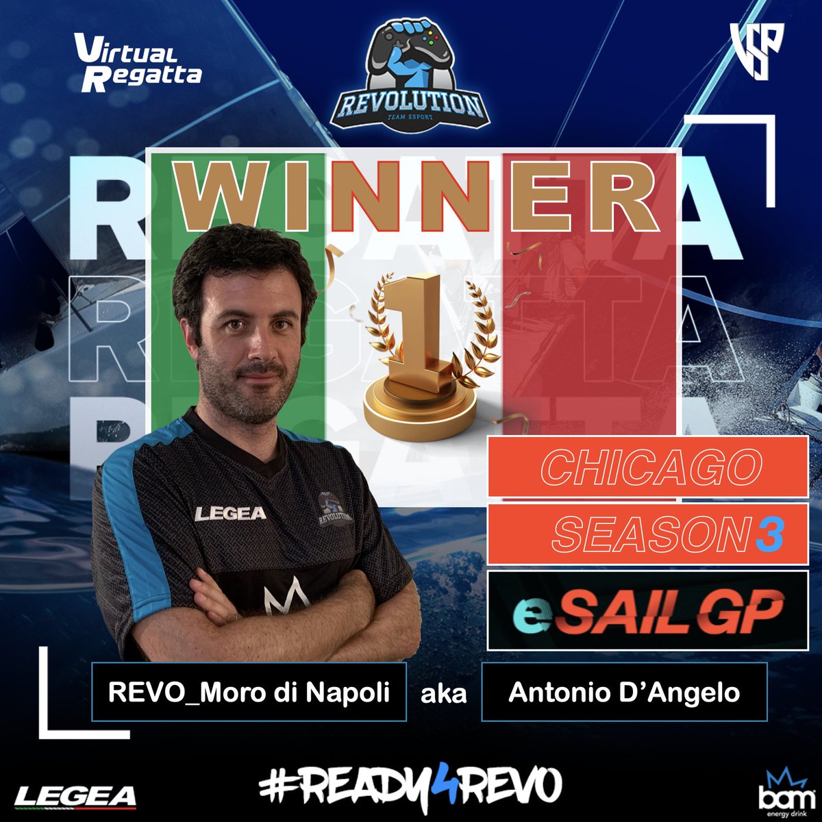 Extraordinary victory for #REVO_Moro_di_Napoli aka #Antonio_D_Angelo at Chicago #eSAILGP final. An incredible sailing night for our team mate. Well done Antonio, you make us all proud. Thanks
<a href="/VirtualRegatta/">Virtual Regatta</a> <a href="/EsailingTV/">eSailing TV</a> <a href="/federvela/">Federazione Italiana Vela</a> <a href="/worldsailing/">World Sailing 🌎⛵️</a> <a href="/SailGP/">SailGP</a> <a href="/EsportRevo_/">Esport Revolution</a>