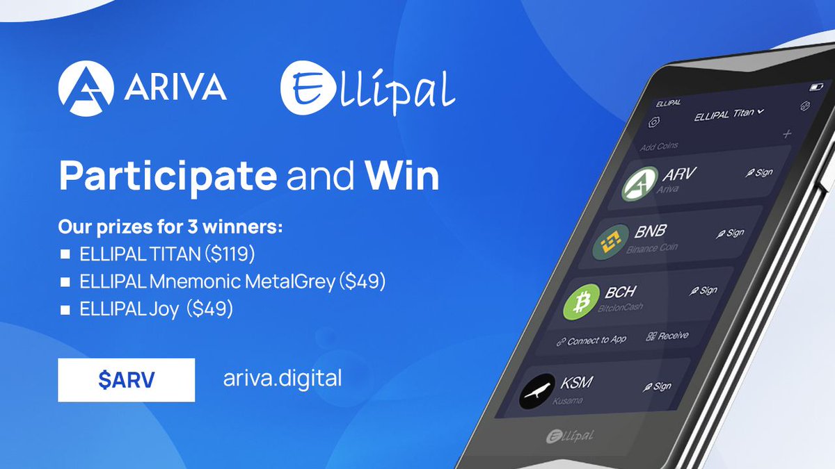 To celebrate our partnership with <a href="/ellipal/"></a>, we’re giving away 3 #Ellipal #ColdWallet to 3 winners. 

1️⃣Follow <a href="/ellipal/"></a> <a href="/ArivaCoin/">Ariva Digital</a>
2️⃣Like, RT, Tag 3 Friends 
3️⃣Join our Telegram t.me/ariva_arv

➡️ Join here: forms.gle/whApinWi2HC6CE…

Ends Monday, June 20