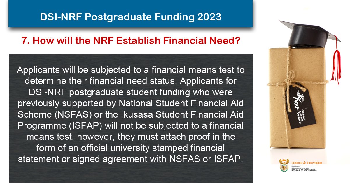 NRF_News's tweet photo. #NRFpostgrad2023 Funding Snippet 7:
A student with a combined gross family income of R350 000 per annum is regarded as financially needy. Details about how the NRF establishes financial need, as well as the ISFAP form, is available on our website here: https://t.co/74SiQRAyqq. https://t.co/DFiCXxljEf