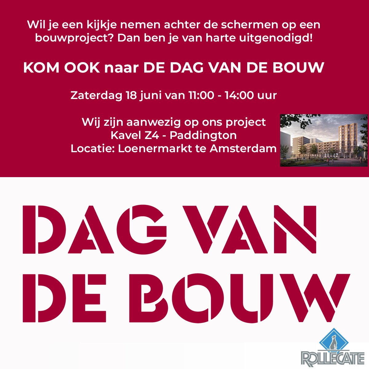 👉 Ben jij geïnteresseerd in de bouw?

Wij zijn 𝟭𝟴 𝗷𝘂𝗻𝗶 𝗺𝗲𝘁 ‘𝗗𝗲 𝗗𝗮𝗴 𝘃𝗮𝗻 𝗱𝗲 𝗕𝗼𝘂𝘄’ aanwezig op het project Kavel Z4 – Paddington in Amsterdam.
 
Kom langs van 11:00 tot 14:00 uur - locatie Loenermarkt Amsterdam!
 
Meer ℹ: bit.ly/3MMu7qf