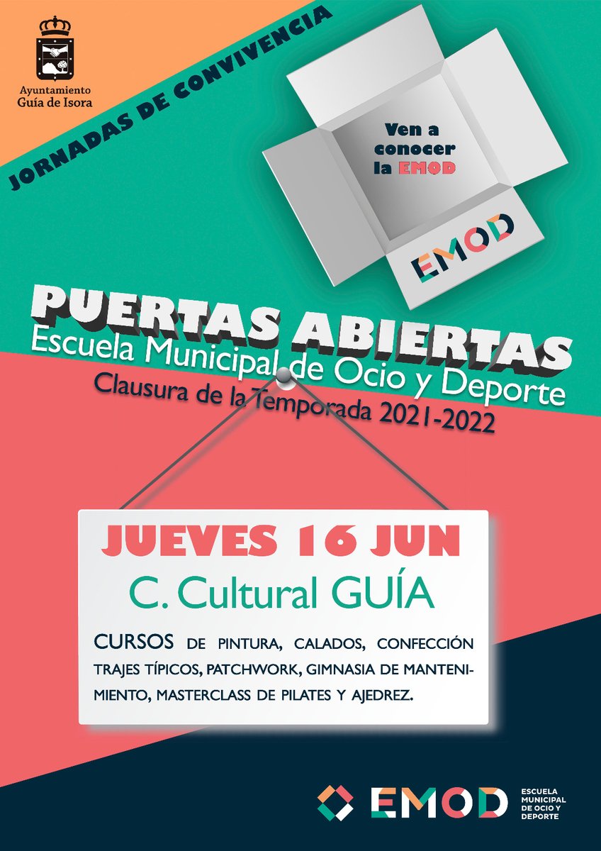 culturaguiadei1's tweet image. 📢 YA EMPIEZAN LAS JORNADAS DE CONVIVENCIA Y PUERTAS ABIERTAS DE LA #EMOD

📆 MARTES 14
✅ Deportes
📆 MIÉRCOLES 15
✅ Pintura y danza
📆 JUEVES 16
✅ Pintura y arte
📆 VIERNES 17
⚽ Clausura de la Escuela Municipal de Fútbol

#GuíadeIsoraDeporteDeCostaACumbre #culturaguíadeisora