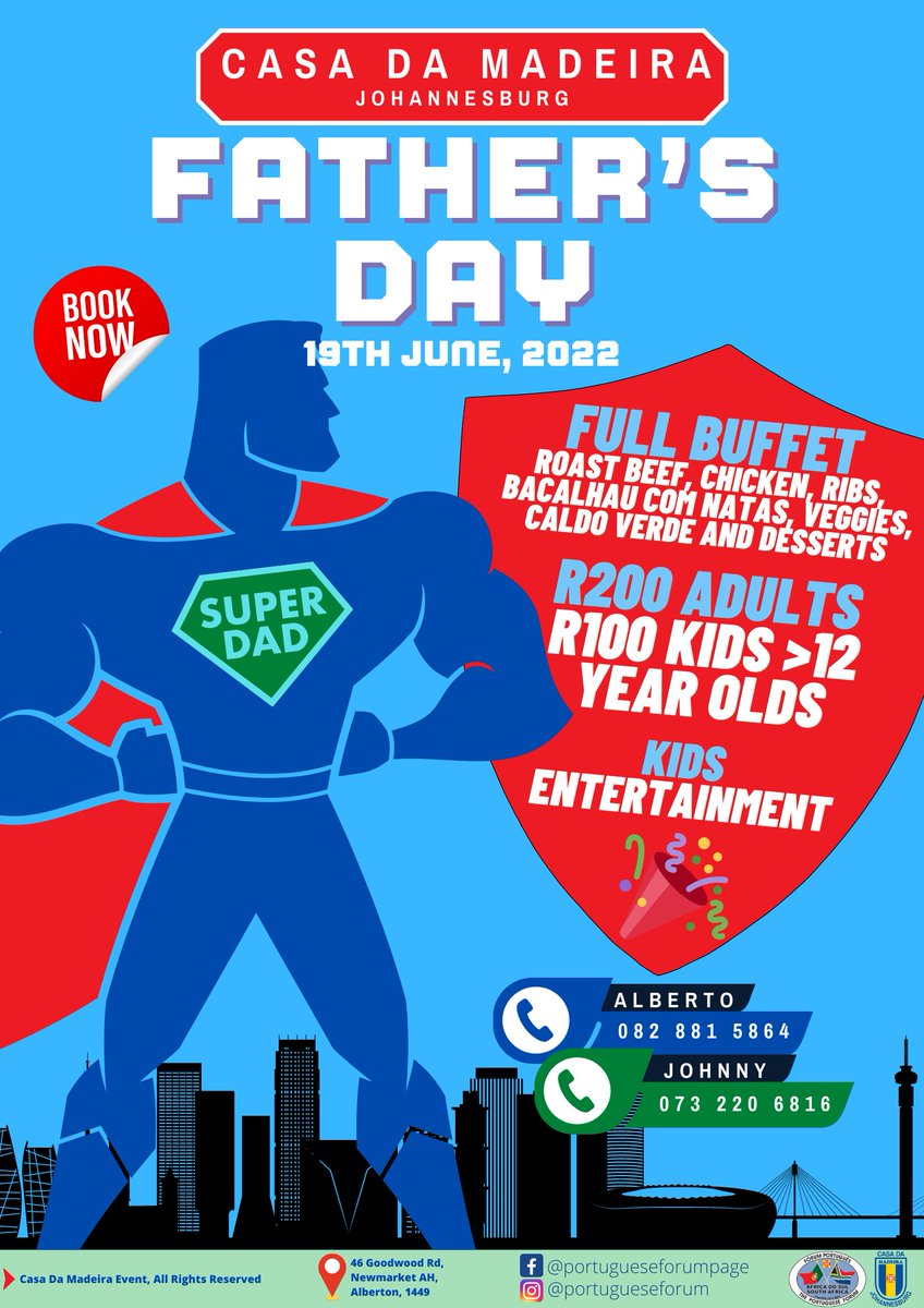 Viva Dads and Moms, Casa da Madeira in Alberton will be celebrating Fathers Day we a Full Buffet, only R200 all you can eat, and kids only pay R100. Sooooo Gooodddd 🚨🥰
Plus kids Entertainment and lots more. Book Now 🚨🚨🚨🚨🚨🥳🥳🥳🥳🥳
SUNDAY 19TH, Casa da Madeira in Alberton.