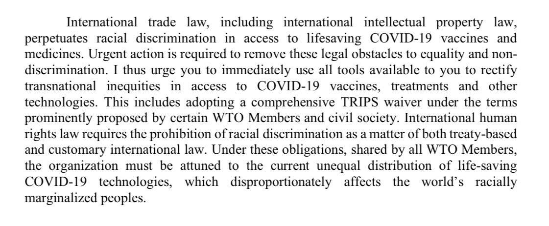 The UN’s Special Rapporteur on Racism Ms. E. Tendayi Achiume reminds <a href="/wto/">WTO</a> delegates that:

"unequal access to COVID-19 prevention, containment and treatment technologies violates the fundamental human rights principles of equality &amp; non-discrimination." 

ohchr.org/sites/default/…