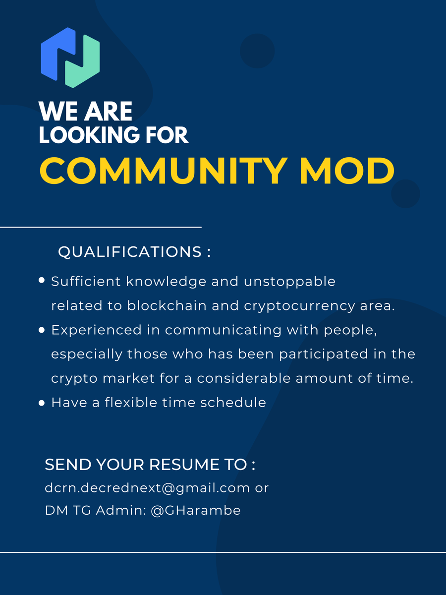 Decred_Next's tweet photo. 📢As the number of the community members is increasing day by day. Decred-Next Team is announcing their first community moderator👨✈️ recruitment. We are expecting your involvement!
#Decred #DecredNext #DCRN #POW #Bitcoin #MOD https://t.co/RBoEufvKLa