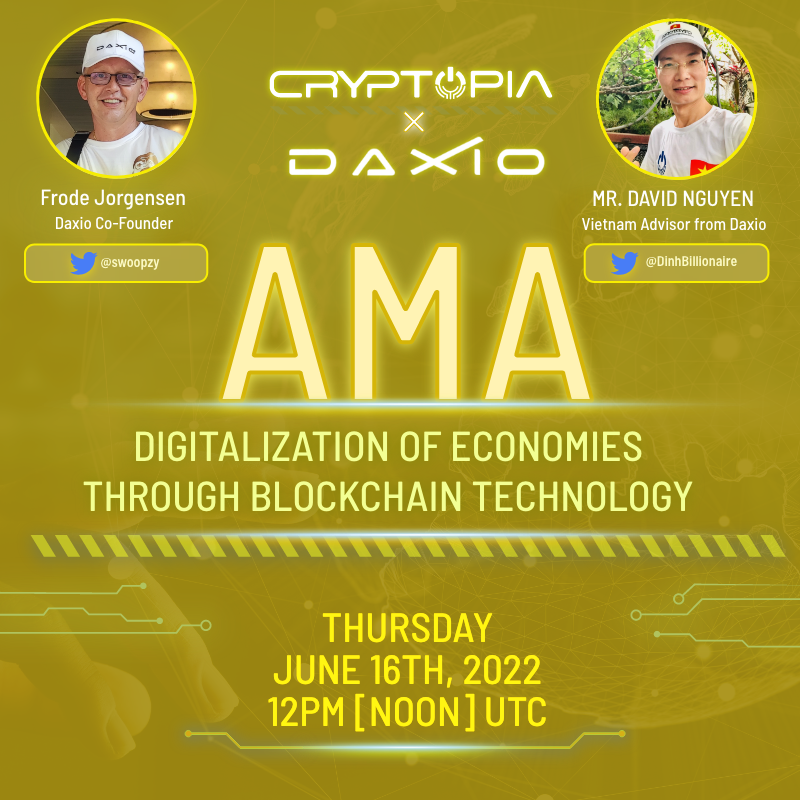 CryptopiaOFCL's tweet photo. Join our AMA this Thursday, June 16th at 12PM UTC
We have @DaxioGroup members, @swoopzy Frode Jorgensen (co-Founder), and @DinhBillionaire David Nguyen (Vietnam Advisor) as speakers!
Subscribe to our event so you don't miss it!: https://t.co/7ebkWlzp5g
#cryptopia #daxio https://t.co/meDHxLKfHE