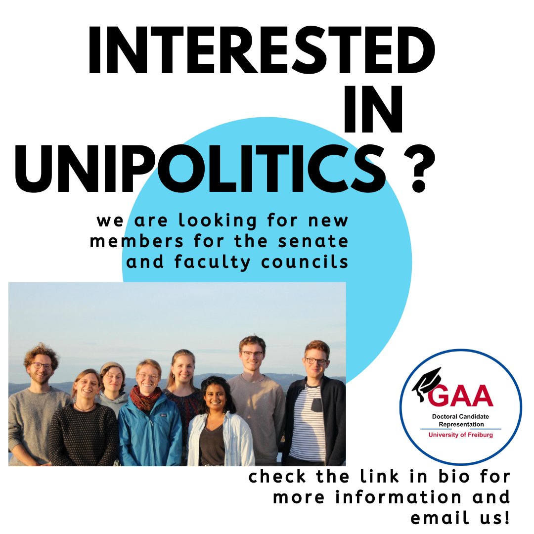 GaaPhds's tweet photo. We are looking for new senate candidates! Are you interested in representing the interests of doctoral students at the senate? Are you immatriculated and keen to voice concerns of #phds? Contact us: senat.gaa@mail.uni-freiburg.de until 20.06.2022! @UniFreiburg https://t.co/lOKzFTlf4N