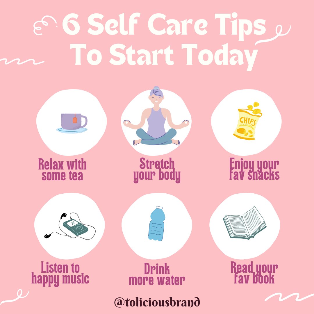 toliciousbrand's tweet photo. 6 Self Care Tips To Start Today
👉Relax with some tea
👉Stretch your body
👉Enjoy your fav snacks
👉Listen to happy music
👉Drink more water
👉Read your fav book
#toliciousbody #toliciousbrand #tolicious #selfcaretips #starttoday #relax #sometea #stretchyourbody #favsnacks https://t.co/wo5iBzxB17