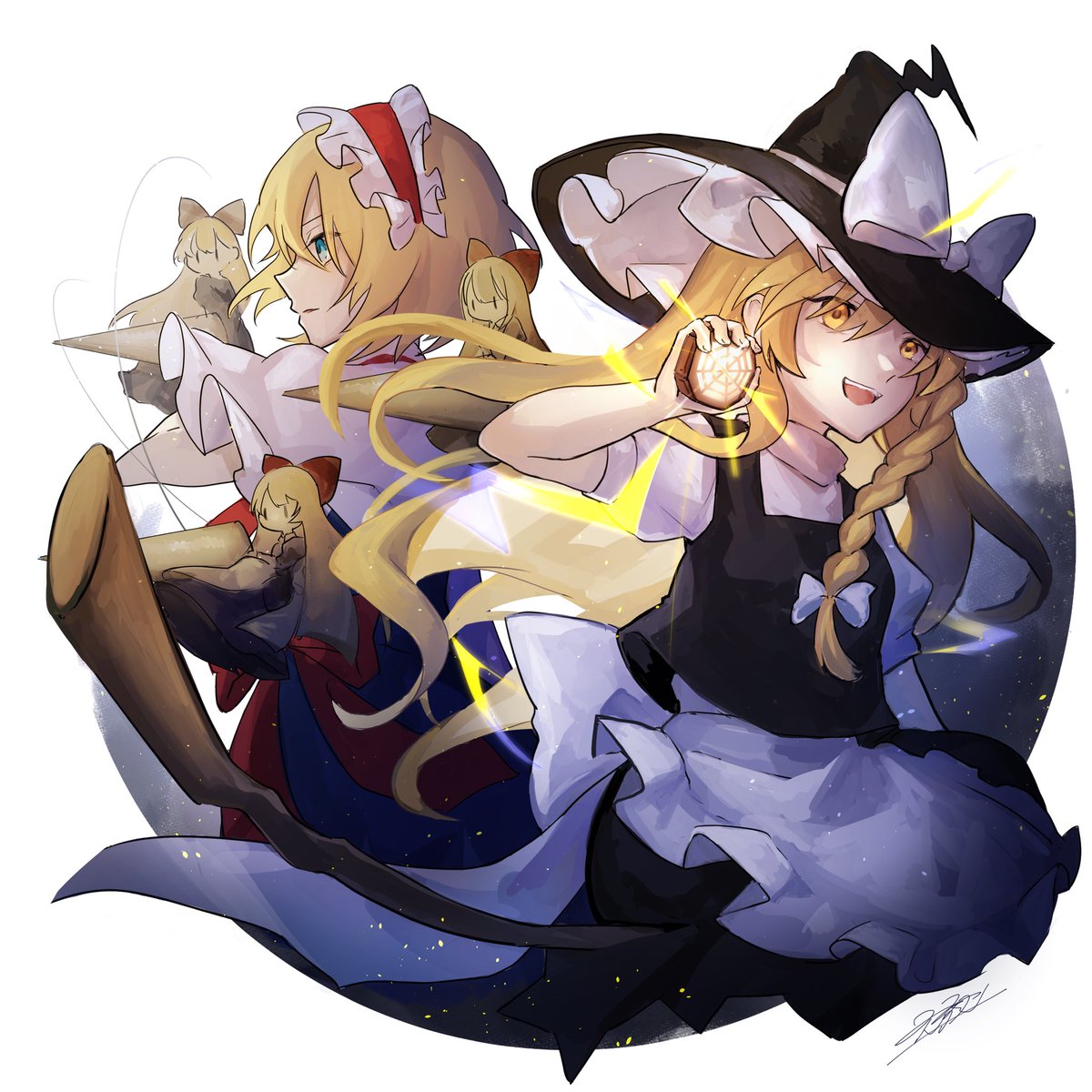 alice margatroid ,kirisame marisa ,shanghai doll mini-hakkero multiple girls long hair blonde hair hat witch hat 2girls  illustration images