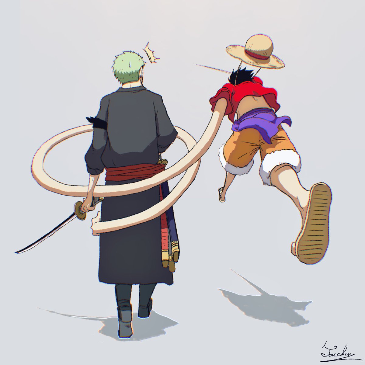 monkey d. luffy ,roronoa zoro multiple boys weapon 2boys green hair sword male focus hat  illustration images