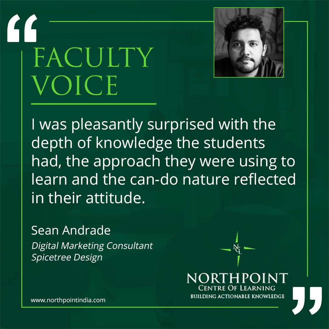 northpointindia's tweet photo. Prof. Sean Andrade who teaches Digital Marketing  at Northpoint expresses his perspective on the Northpoint experience
https://t.co/q4fhChnKGP
Admissions Open for 2022-23 
#northpointcentreoflearning #northpoint #northpointindia #experientiallearning #experientialeducation #India https://t.co/RNC5I3O9yS