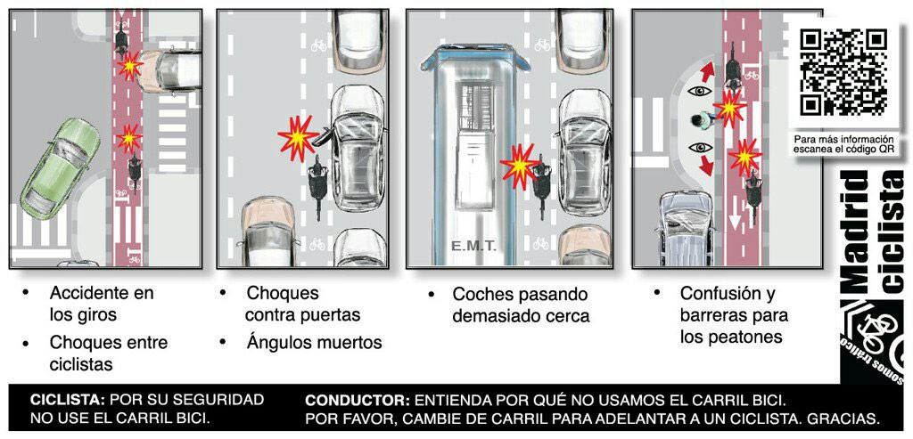 ✅ Circula siempre por el centro del carril
✅ Respeta las normas
✅ Señaliza maniobras
❌ Nunca te sitúes a la derecha de camiones y autobuses
❌ Si usas carril bici, baja la velocidad en las intersecciones y vigila los vehículos q giran porque puedes estar en su ángulo ciego