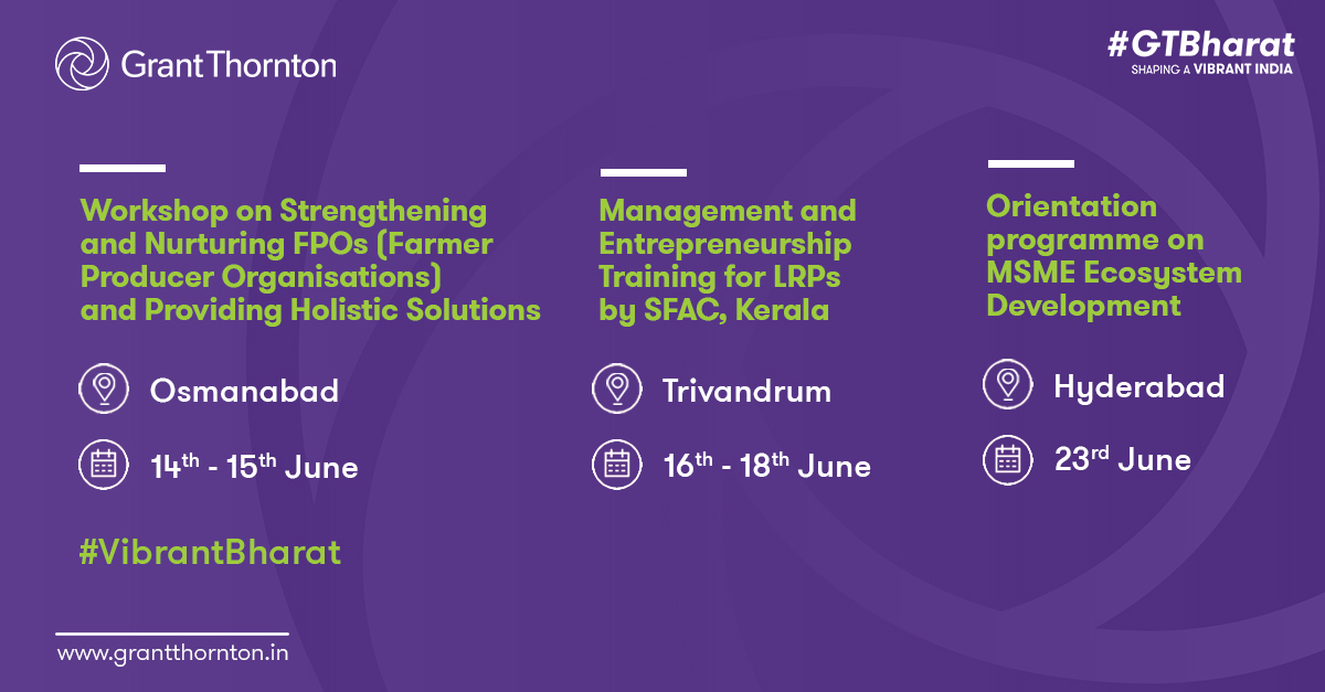 GrantThorntonIN's tweet photo. Grant Thornton Bharat is pleased to assist Government of Telangana in the progression of the #MSME ecosystem through the orientation programme on MSME Ecosystem Development in State on 23rd June. (1/3) https://t.co/ZnYn0RVcPH