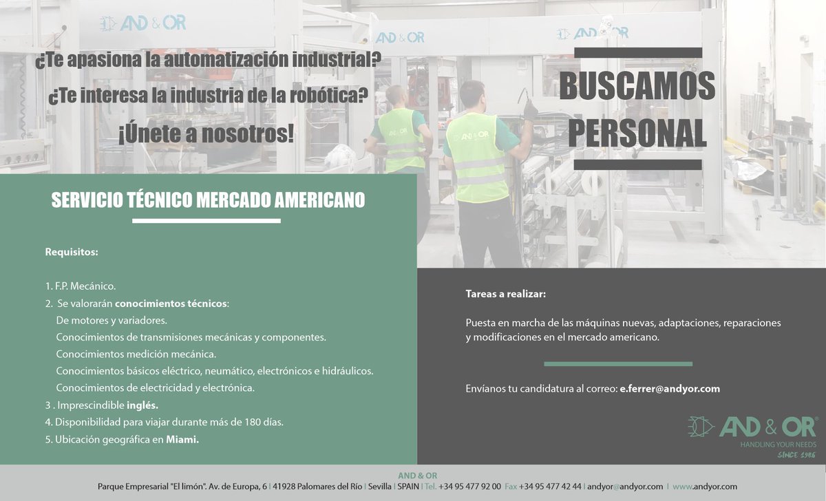 ¿Te apasionan la automatización industrial y la robótica?
¡Únete a nosotros!
💼Incorporamos a un Servicio Técnico en Miami.
Recepción de C.V.: e.ferrer@andyor.com
#empleo #serviciotécnico #packaging #maquinaria #industria #Miami #ofertadetrabajo #ofertadeempleo #joboffer