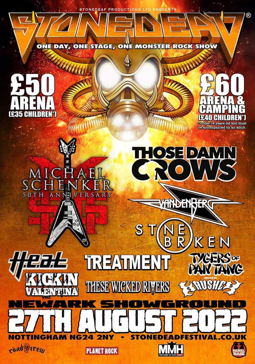 MMH - The Home Of Rock Radio (@mmh_radio) on Twitter photo <a href="/Stonedead_fest/">Stonedead Festival</a> <a href="/NewarkShowgrd/">Newark Showground</a>
27th August 2022
Event Details
mmhradio.co.uk/events/stonede…
<a href="/MW_Schenker/">Michael Schenker</a> <a href="/ThoseDamnCrows/">Those Damn Crows</a> <a href="/vandenbergband/">Vandenberg</a> <a href="/StoneBroken_/">Stone Broken</a> <a href="/heatsweden/">H.E.A.T</a> <a href="/TheTreatmentUK/">The Treatment</a> <a href="/tygersofpantang/">Tygers Of Pan Tang</a> <a href="/KickinValentina/">Kickin Valentina</a> <a href="/WickedRivers/">These Wicked Rivers</a> @black_spiders <a href="/massiveoz/">MASSIVE</a> <a href="/RevivalBlack_/">Revival Black</a> <a href="/Stonedead_fest/">Stonedead Festival</a> <a href="/NewarkShowgrd/">Newark Showground</a>
27th August 2022
Event Details
mmhradio.co.uk/events/stonede…
<a href="/MW_Schenker/">Michael Schenker</a> <a href="/ThoseDamnCrows/">Those Damn Crows</a> <a href="/vandenbergband/">Vandenberg</a> <a href="/StoneBroken_/">Stone Broken</a> <a href="/heatsweden/">H.E.A.T</a> <a href="/TheTreatmentUK/">The Treatment</a> <a href="/tygersofpantang/">Tygers Of Pan Tang</a> <a href="/KickinValentina/">Kickin Valentina</a> <a href="/WickedRivers/">These Wicked Rivers</a> @black_spiders <a href="/massiveoz/">MASSIVE</a> <a href="/RevivalBlack_/">Revival Black</a>