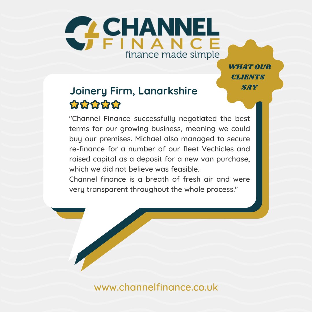 "A breath of fresh air"

Another extremely kind testimonial from a client who we worked closely with to secure funding for various aspects of this growing business.

If you are looking for asset finance, contact us today to see how we can help. 

📧enquiries@channelfinance.co.uk