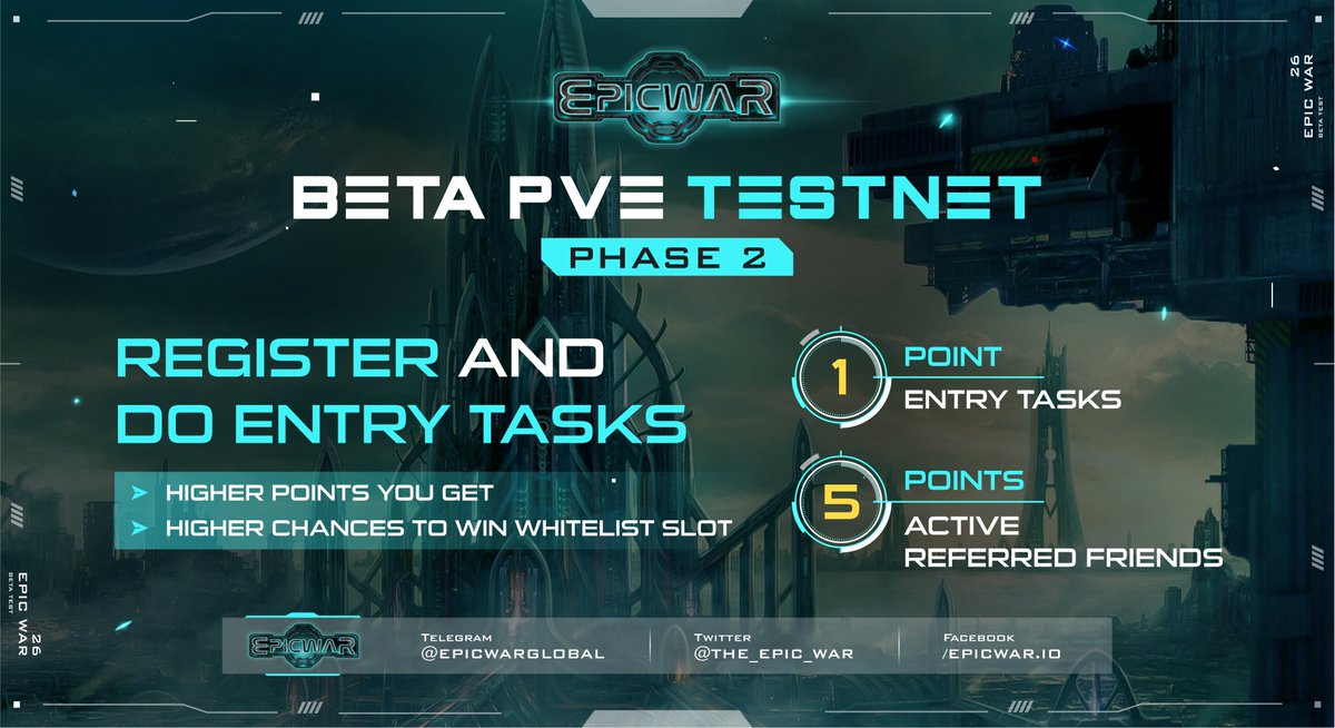 🚀 EASILY GAIN POINTS TO WIN A WHITELIST SLOT BY DOING ENTRY TASKS AND REFER FRIENDS!

⏰ 10:00 UTC 08 June - 10:00 UTC 29 June

✅ Score mechanism: 
01 completed entry task = 1 point
01 active referred friend = 5 points
Guidelines: guide.epicwar.io/whitelist-regi…