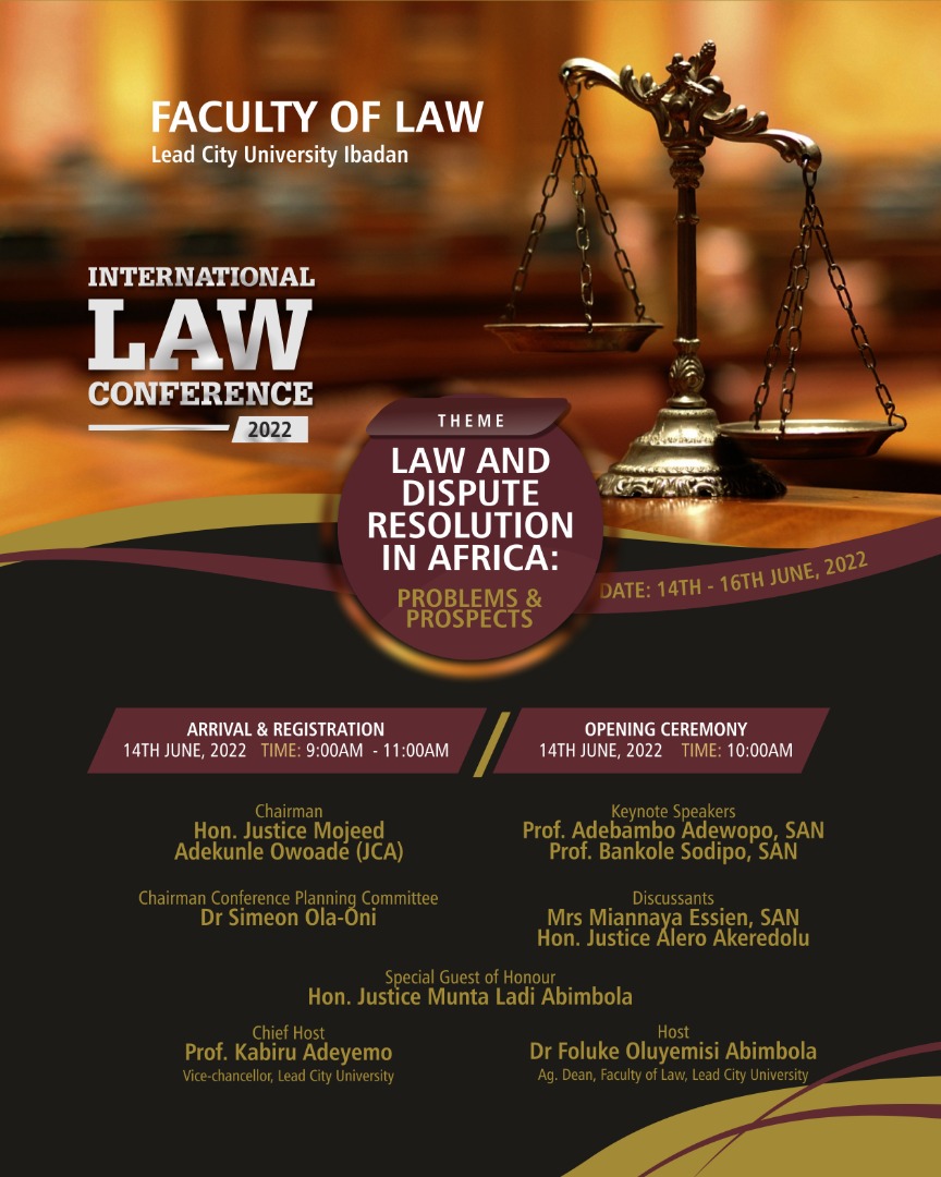 DeborahAdejobi's tweet photo. The 2022 Law Conference of @LeadcityIB  commences today, Tuesday, 14th June and will continue until the 16th.

The conference is holding at The International Conference Centre, Lead City University, Ibadan.

#leadcityuniversity #lcu #knowledgeforselfreliance #ireplcu https://t.co/pLwuDfjvpv