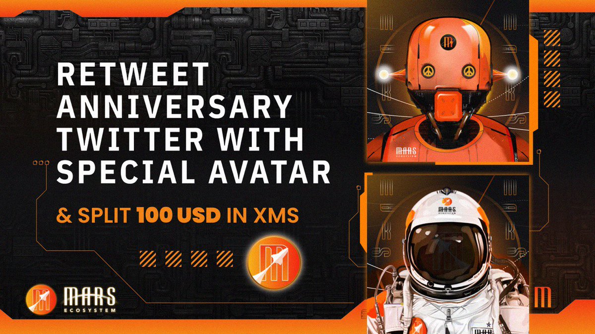 MarsEcosystem's tweet photo. Mars Ecosystem is officially 1 year old!
We are giving away 100USD in $XMS to 20 users:
1⃣ Change your Twitter profile pic to any one of the 2 avatars
2⃣ Rt this tweet with #Mars #USDm #XMS
3⃣ fill in the form https://t.co/04ZNS0J4D1 👈
The Stableswap we are working on is coming! https://t.co/oziXcdL8Iq