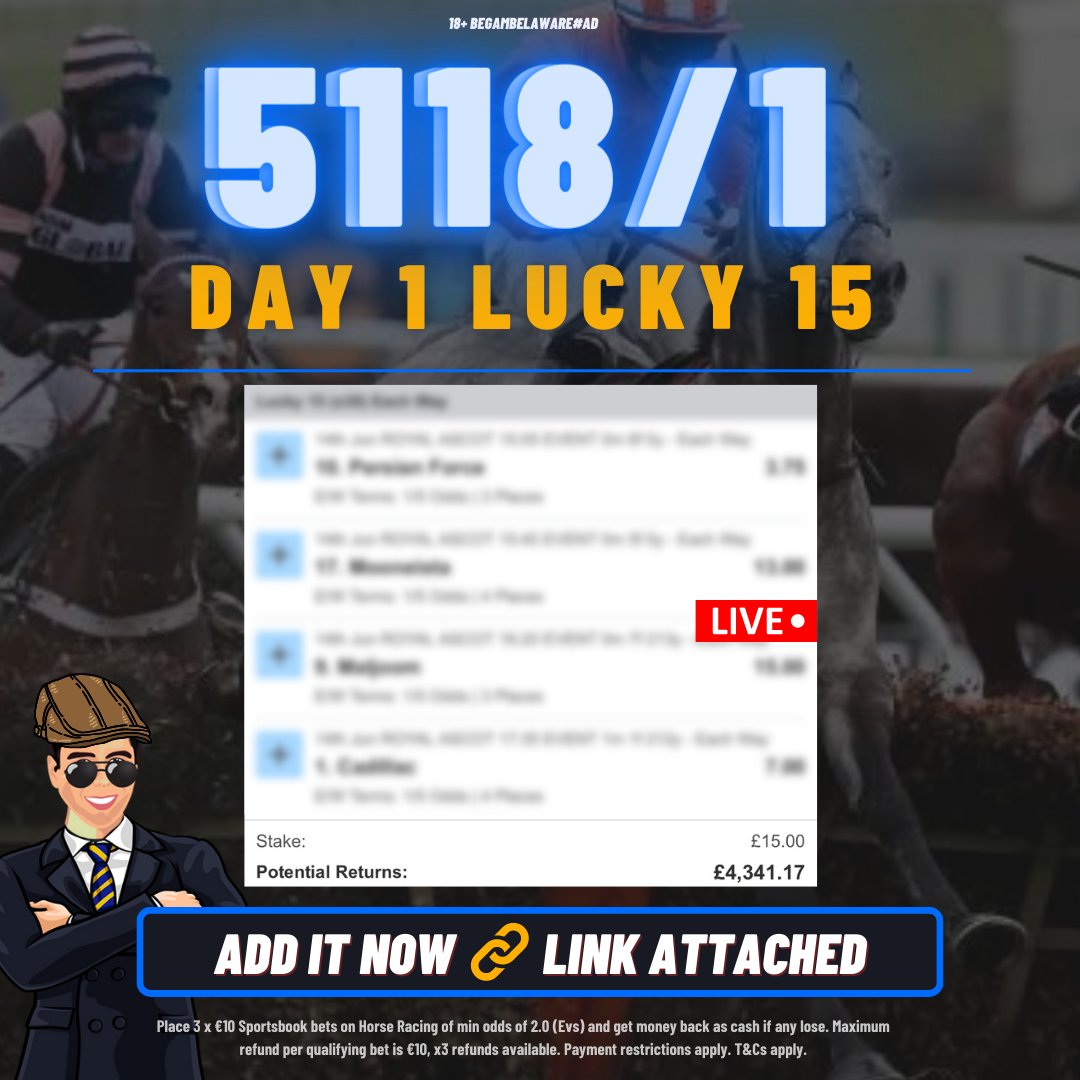 BennyBoyTips's tweet image. 🍀DAY 1 #RoyalAscot LUCKY 15!

Add it here: bit.ly/RALucky15-Day1

🔙 50p E/W returns £4,341.17

Place a £20 bet on my Lucky15 as an acca and win £103,256 in cash or get a full refund in cash...

Here: bit.ly/BennyFree20

18+ BeGambleAware AD