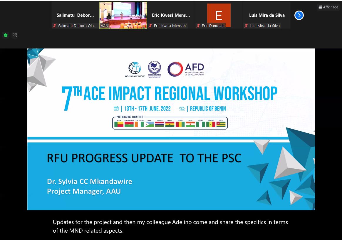 EnseaO's tweet photo. 7ème atelier régional des CEA Impact, Cotonou-Bénin @DrSylvia_Mkandawire   fait le point des activités de novembre 2021 à Juin2022.

#7thACEImpact 
#7eCEAImpact 
#Enseignementsupérieurafricain 
#Universitésafricaines 
#Chercheurs 
@the_ACEProject 
 @ACE Impact https://t.co/eHx8wRa8ul