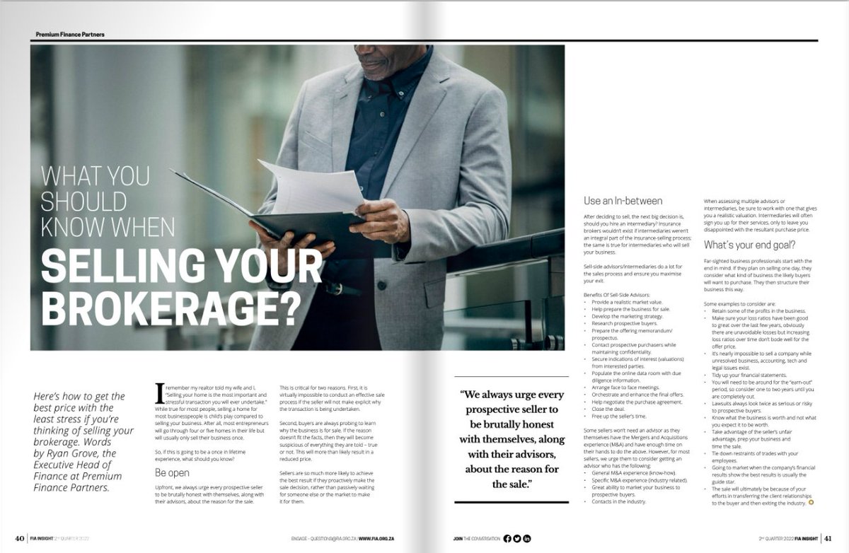 Our latest article 'What should you know when selling your brokerage' by Ryan Grove is out in the latest FIA Insight magazine! Thanks @FIA_ORG_ZA for the coverage. tinyurl.com/4vant2ms