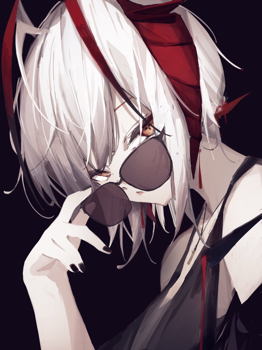 w (arknights) 1girl solo horns sunglasses black background looking at viewer short hair  illustration images