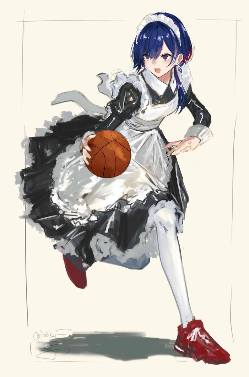 1girl basketball maid blue hair solo maid headdress open mouth  illustration images
