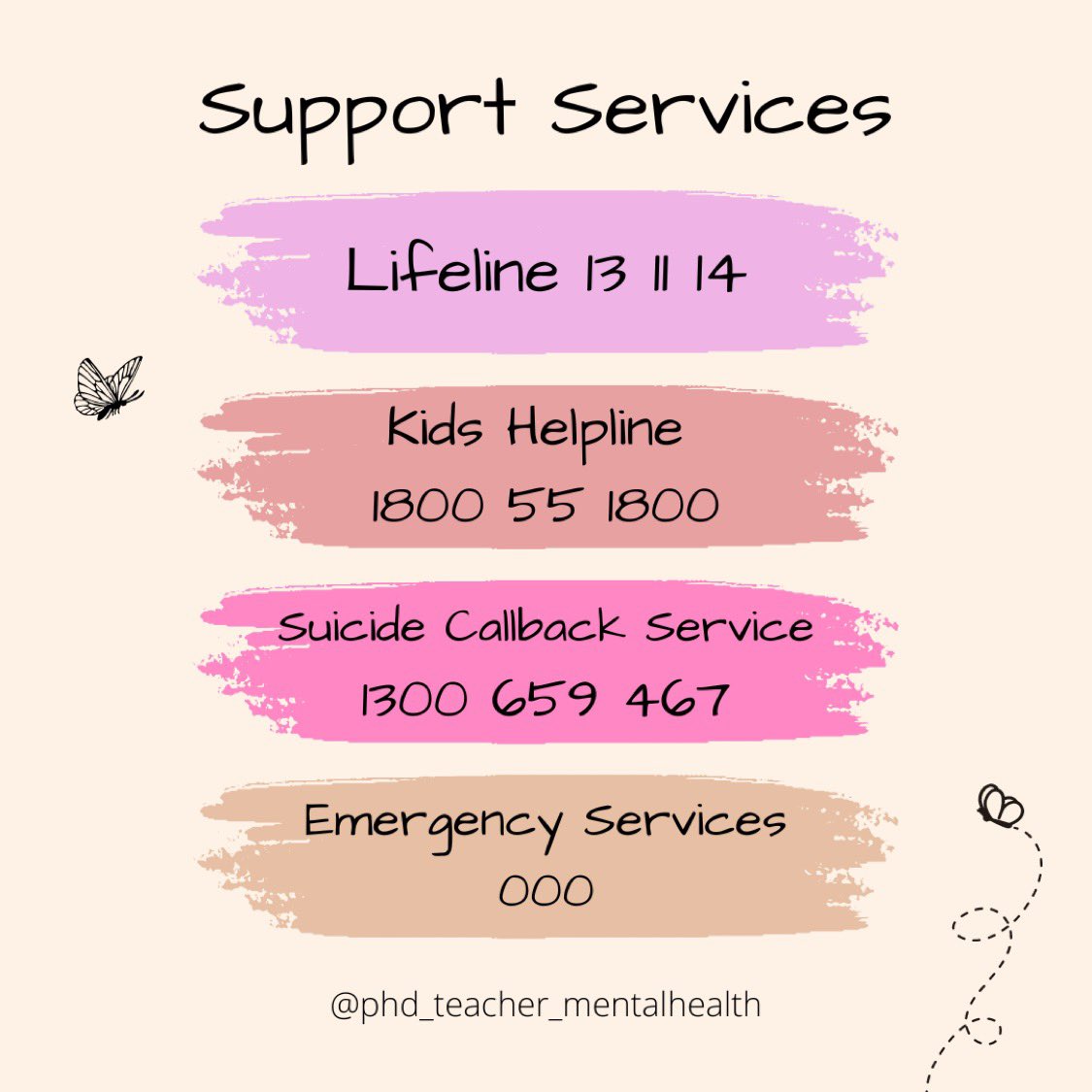 phd_teacher's tweet photo. I made this today to provide an accessible and shareable resource detailing Australian Mental Health support services 🎗#Mentalhealth #support #MentalHealthAwareness #resource @LifelineAust @KidsHelplineAU @SuicideCallBack https://t.co/vTSve2YHUN