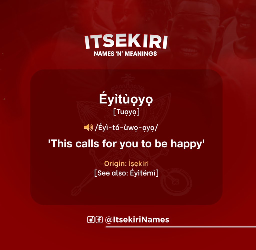 Tuọyọ is one beautiful name and leaves a positive meaning of contentment, thanksgiving and happiness. Know a Tuọyọ? Tag them or anyone who’d like this name. 😊 💫 Follow us for more! #ItsekiriNames #WarriKingdom