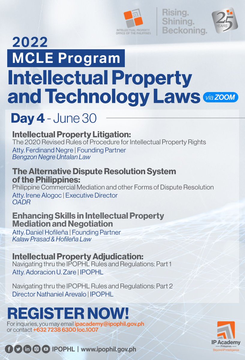 IPOPHL's tweet image. Accredited for a full 36 credit units of MCLE (for lawyers) and open for other professionals, the MCLE 2022 will cover topics on #IntellectualProperty and #TechnologyLaws, discussed by well-known speakers in the field of IP.